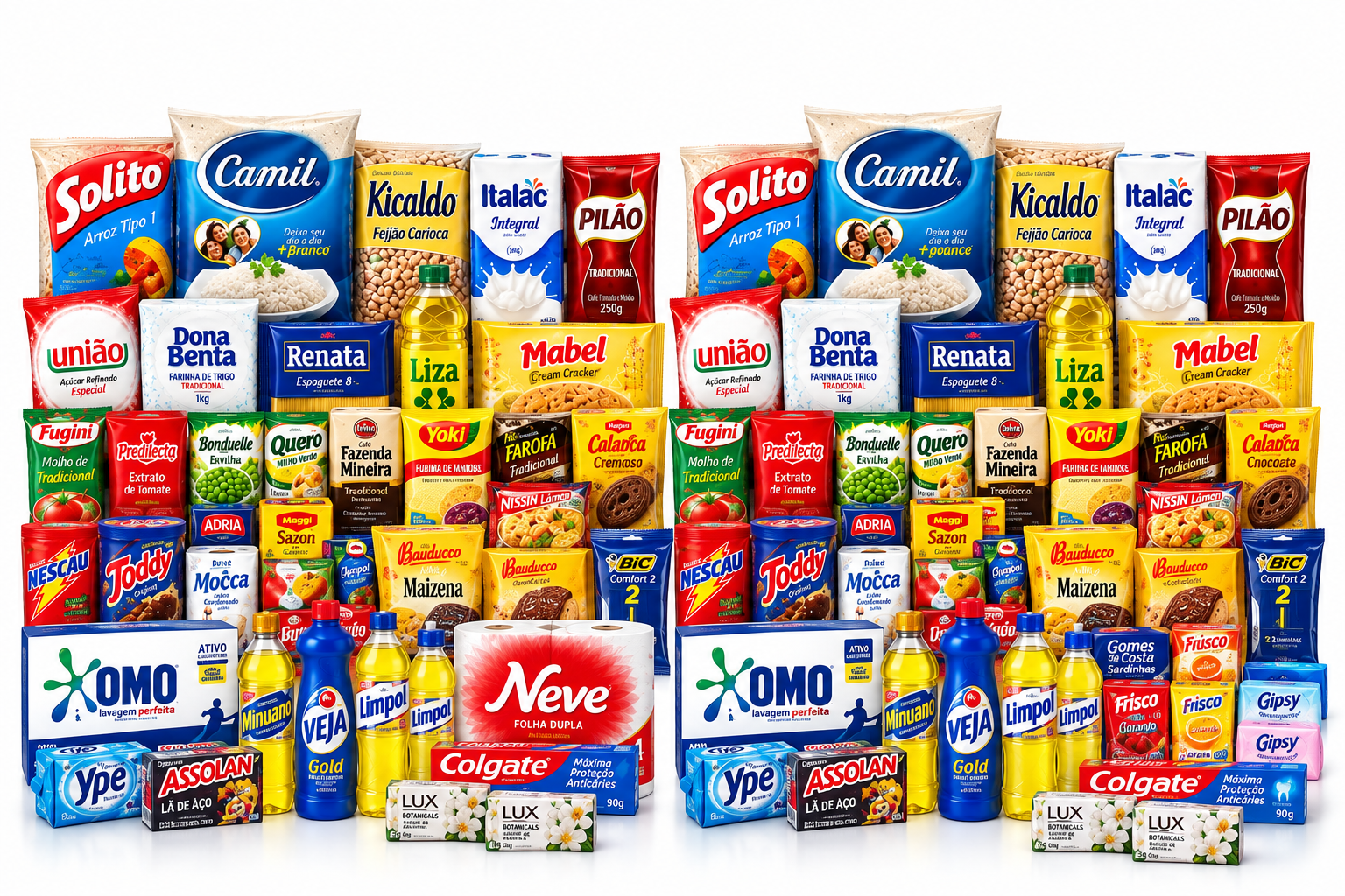 2 kits de cesta básica completa com alimentos, higiene e limpeza